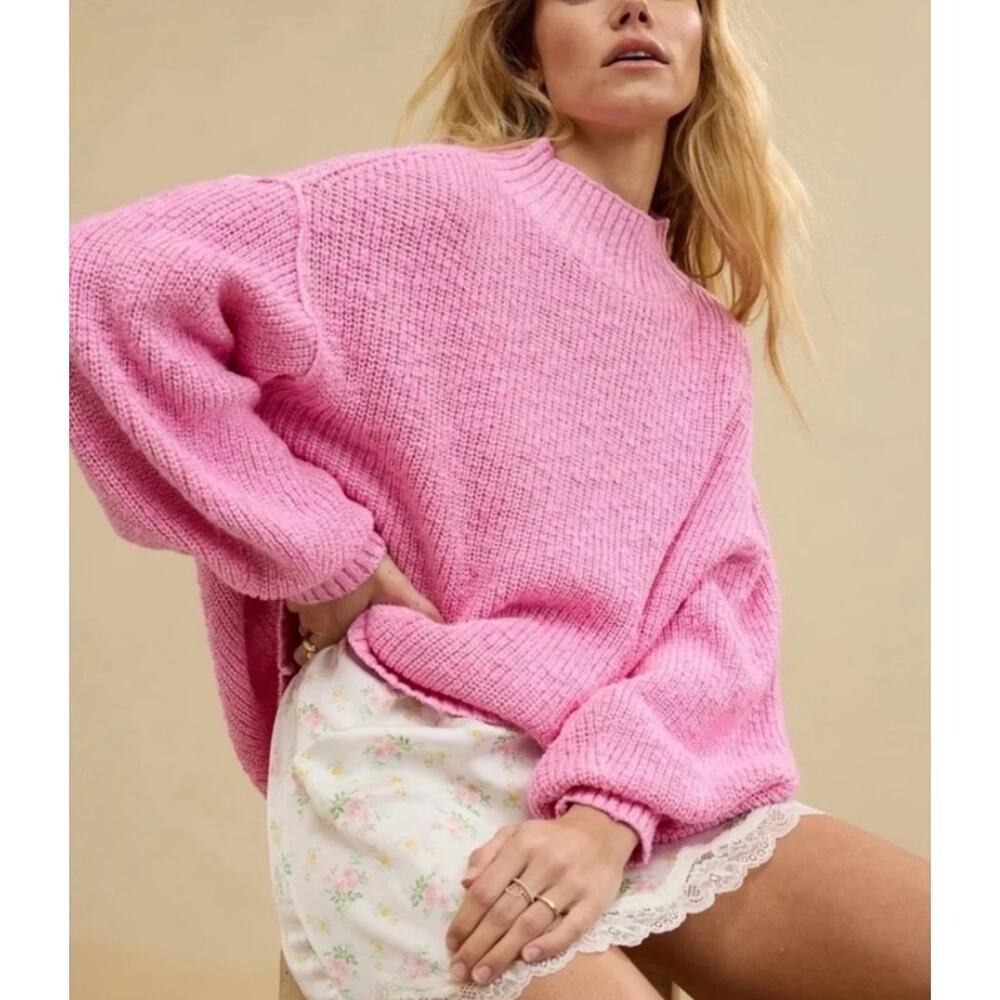 Aerie Hits The Spot Mock Neck Sweater Pink Oversized Chunky Knit Size XS